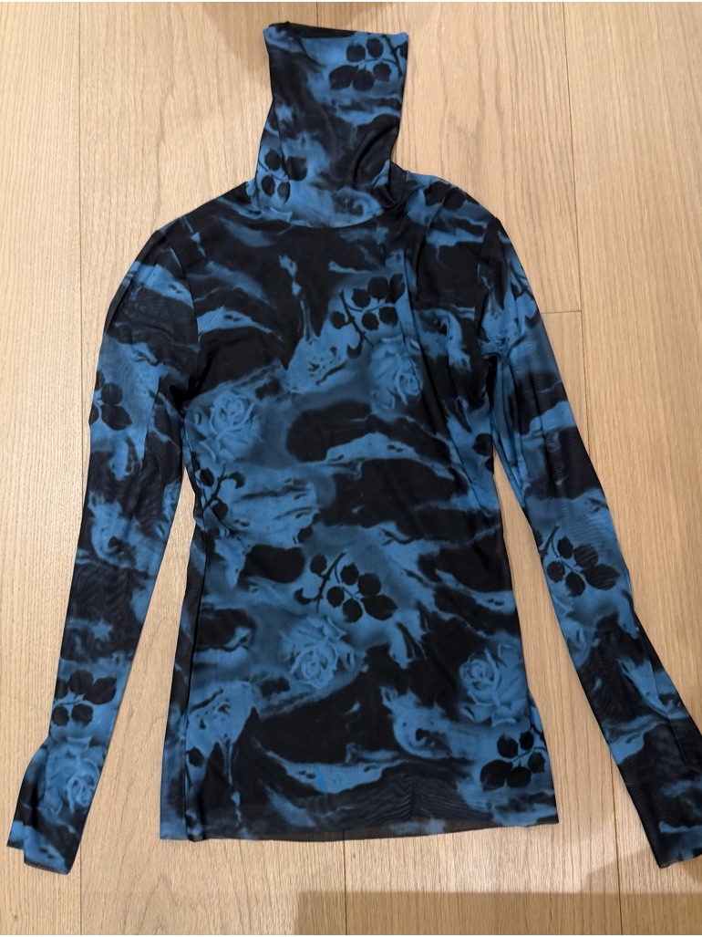 Ganni Black And Slate Blue Sheer Mesh Top